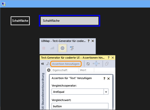 Textfeld mit Fadenkreuztool auswählen und Assertion hinzufügen