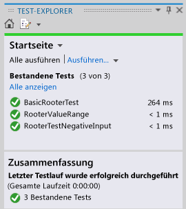 Komponententest-Explorer zeigt 3 bestandene Tests an