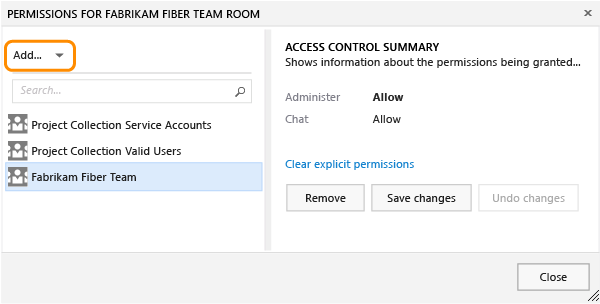 Add menu on Permissions page for a team room