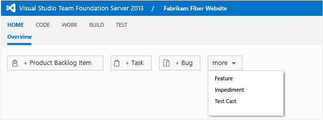 Home page - create work items (TFS 2013)