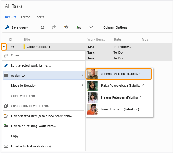 Assign to link from work item context menu