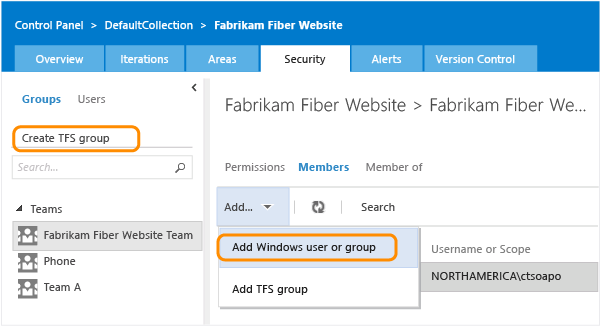 Create TFS Group link on Security admin page