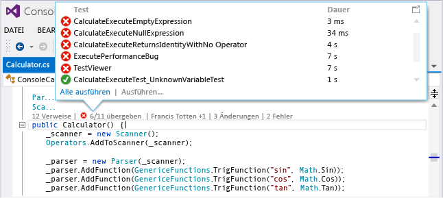 CodeLens – Teststatus im Code-Editor auswählen