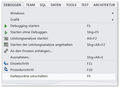 Befehl "Haltepunkt umschalten" im Menü "Debuggen"