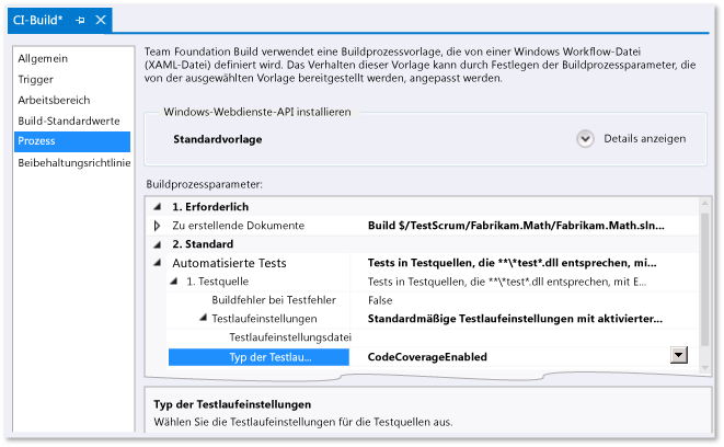 Festlegen der Builddefinition für Codeabdeckung