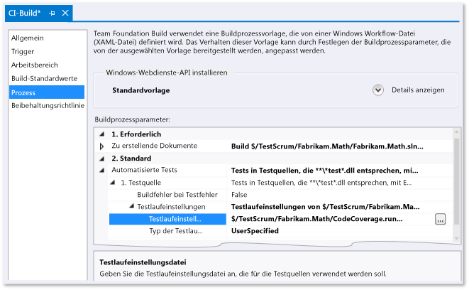 Festlegen von Testlaufeinstellungen in einer Builddefinition