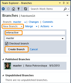 Creating a new branch on the Branches page