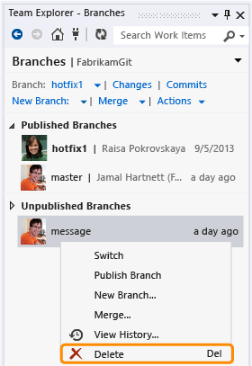 Branches page with Delete highlighted