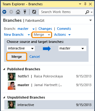 Merge command highlighted on Branches page