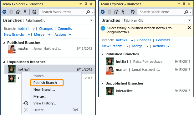 Publishing a branch from the Branches page