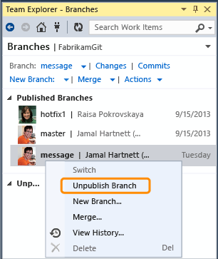 Branches page with Unpublish Branch highlighted