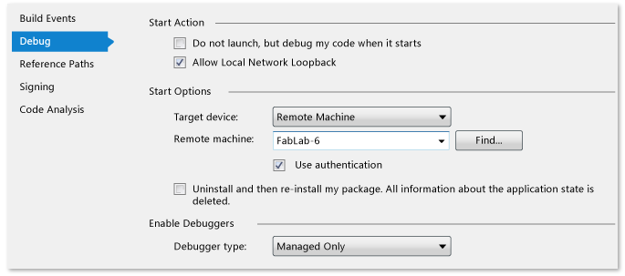 VSRUN_Managed_ProjProp_Remote Managed project properties for remote debugging