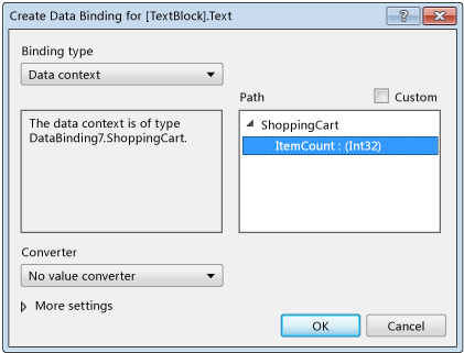 xaml_create_data_binding Create Data Binding dialog box