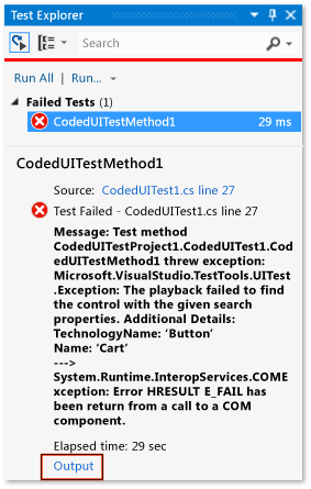 CUIT_HTMLActionLog1 Output link in the Test Explorer