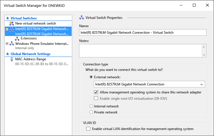 Android_Emu_V_Switch_Man Screenshot of the Virtual Switch Manager in Hyper-V Manager. A new virtual switch is highlighted and it's properties show that it is an external network switch.