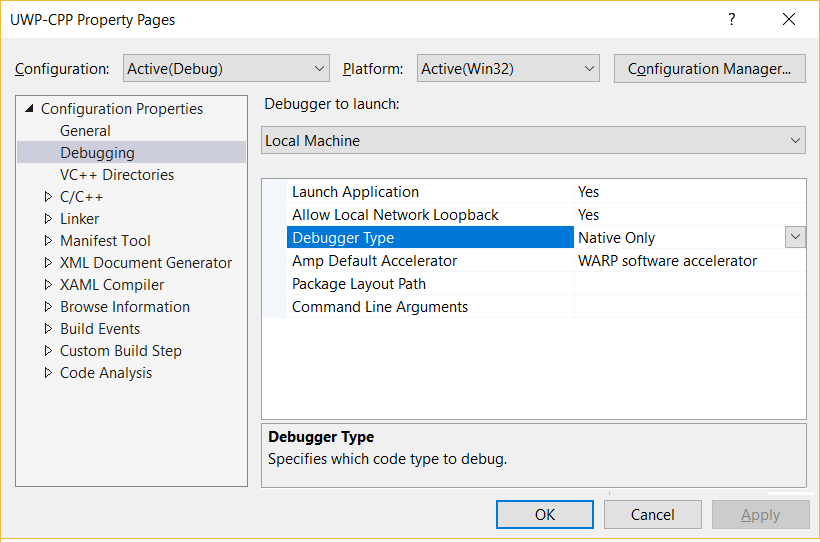C++ UWP app debugging property page