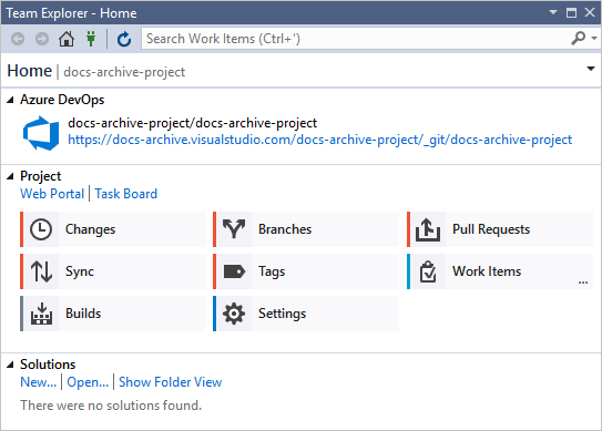 Screenshot of the Visual Studio Team Explorer window connected to a project.