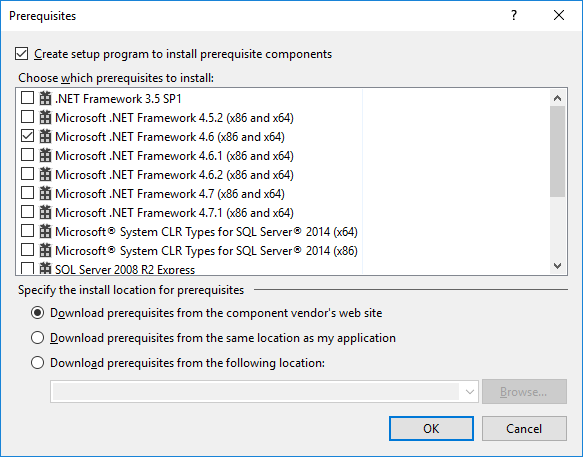 Prerequisites dialog box in Visual Studio