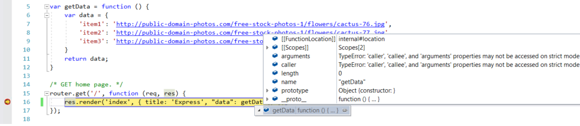 Screenshot that shows some variables that are available for inspection during debugging.