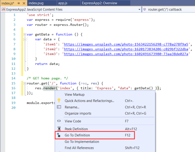 Screenshot that shows Go To Definition in the render context menu.