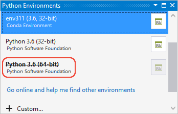The Python Environments window showing an invalid environment-2017