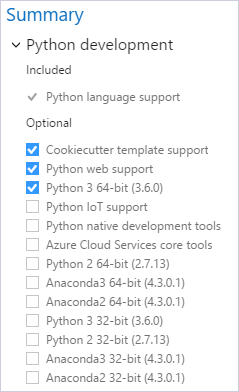 Python development options in Visual Studio 2017 installer