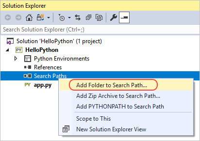 Add Folder to Search Path command on Search Paths in Solution Explorer
