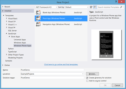 Vorlage "Pivot-App" in Visual Studio