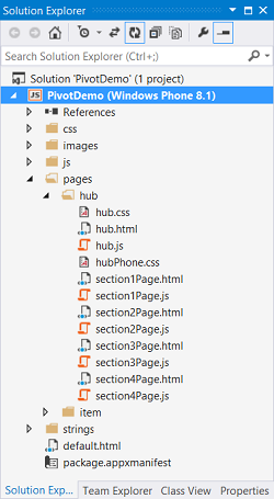 Dateien in der neuen Projektmappe "Hub-/Pivot-App"
