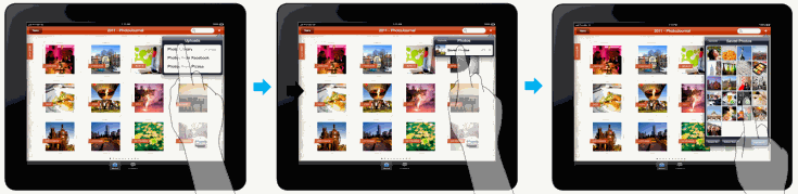 Zugriff auf Fotos aus dem Dateisystem und sozialen Netzwerken in der iPad-App.
