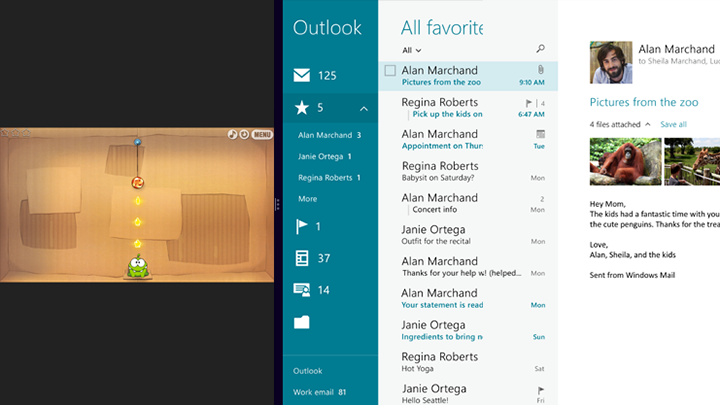 Auf schmale Breite verkleinerte Cut the Rope-App zur Veranschaulichung des Letterboxformats bei gleichzeitiger Anzeige der Outlook-App auf dem Bildschirm
