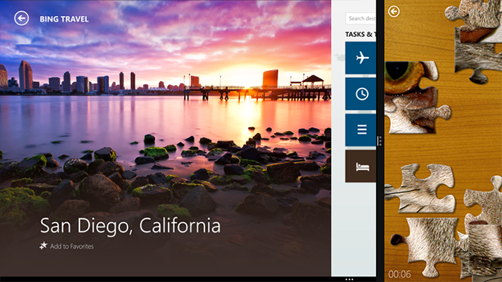 Auf schmale Breite verkleinerte PuzzleTouch-App zur Veranschaulichung des Zoomstatus bei gleichzeitiger Anzeige der Bing Reisen-App auf dem Bildschirm