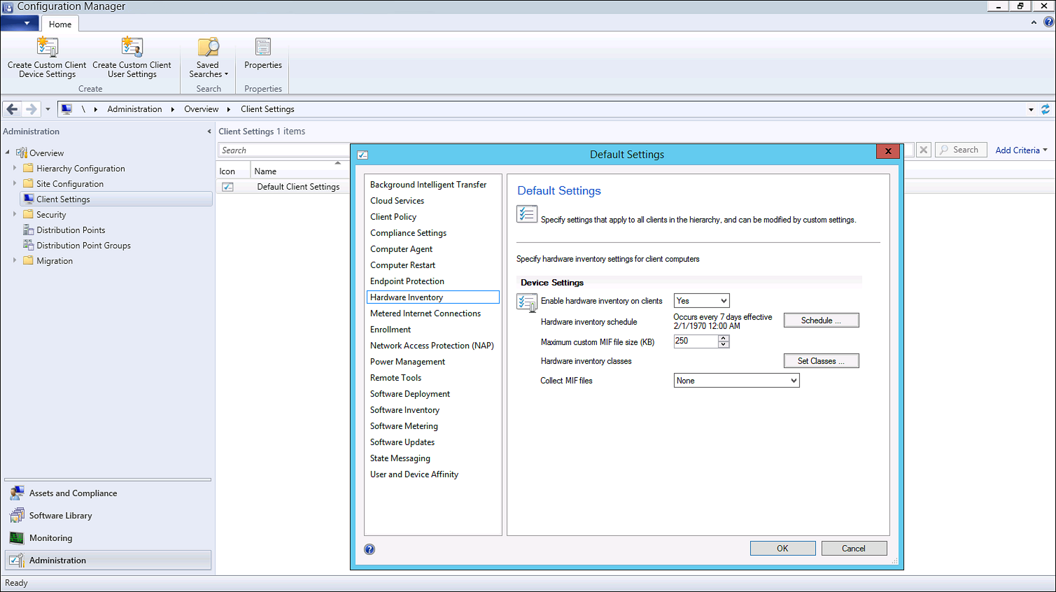 Configuration Manager, showing the hardware inventory settings for client computers.
