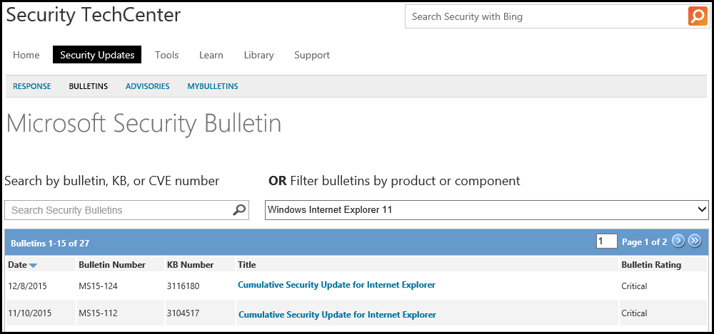 microsoft security bulletin techcenter.