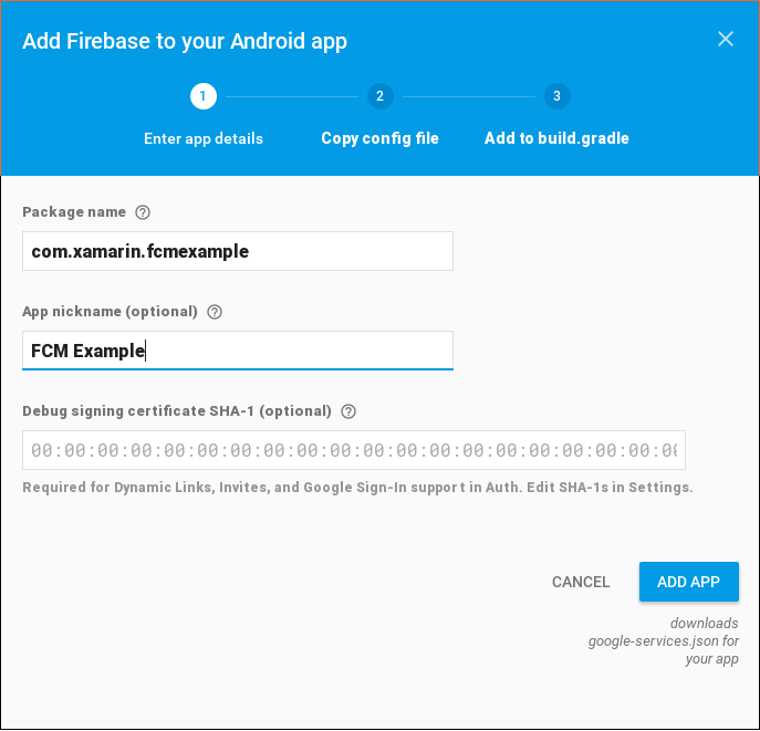 Eingeben des FCM-Beispiels als App-Spitzname