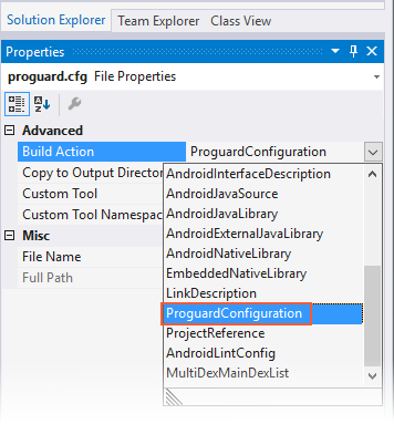 ProguardConfiguration-Buildaktion ausgewählt