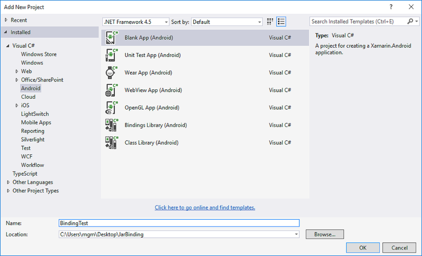 Hinzufügen eines neuen BindingTest-Projekts