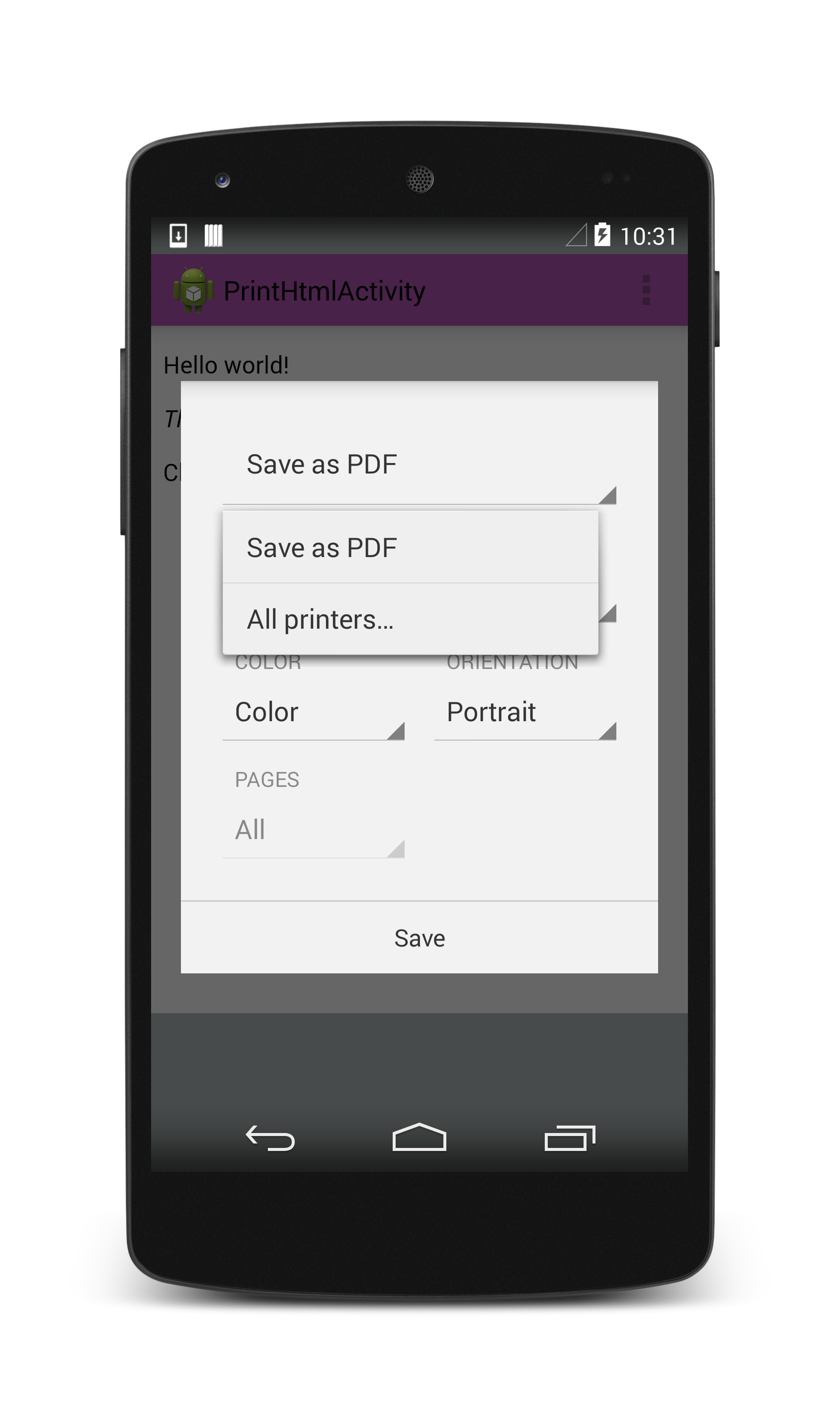 Screenshot von PrintHtmlActivity mit dem Menü „Als PDF speichern“