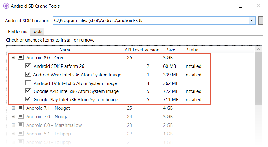 Auswählen der Android 8.0-Pakete im Android-SDK-Manager