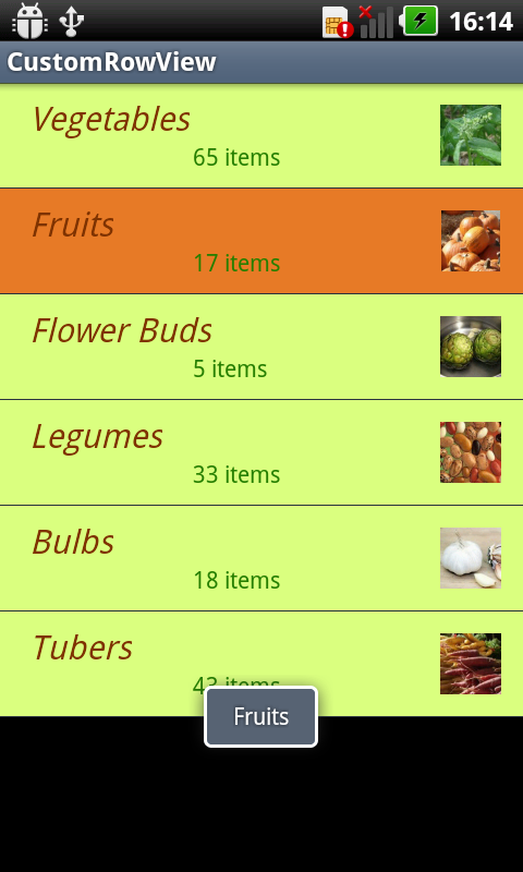 Eine ausgewählte Zeile in Orange, wobei die Popupmeldung den Namen der ausgewählten Zeile anzeigt