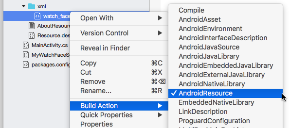 Festlegen der Buildaktion auf AndroidResource Buildvorgang