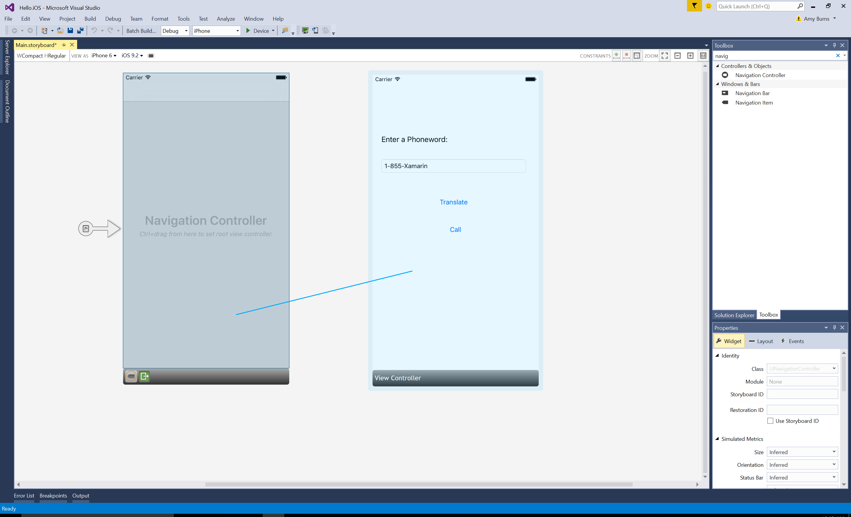 Ziehen vom Navigationscontroller zur Phoneword-Szene und Release