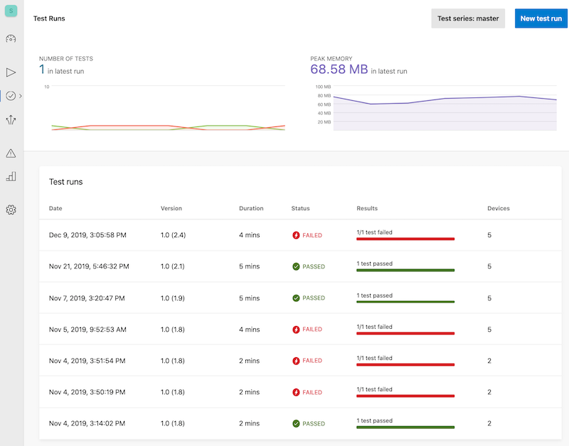 visual studio appcenter uitest runs