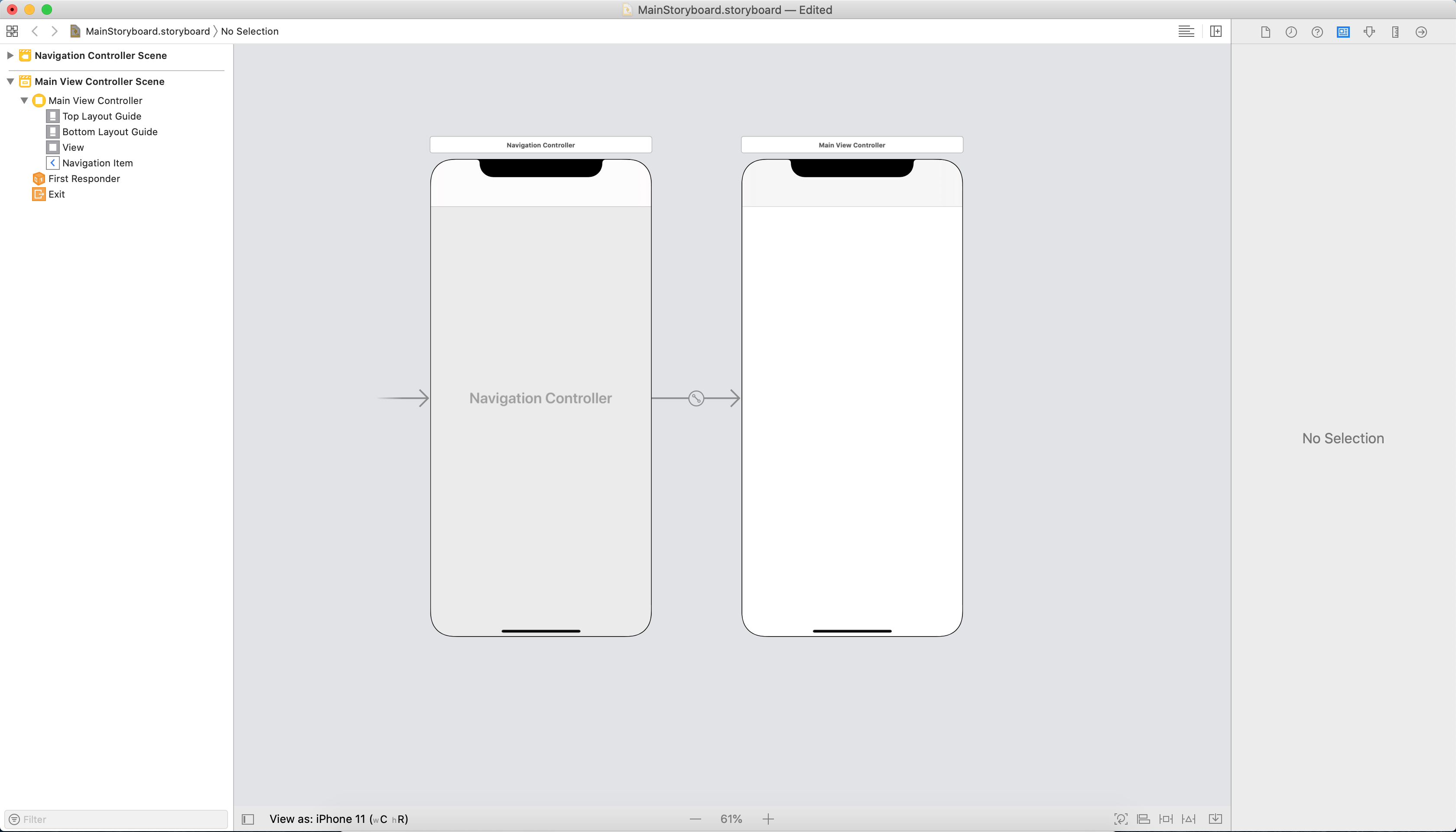 Hinzufügen eines NavigationControllers aus der Bibliothek und Festlegen des MainViewController als Root View Controller
