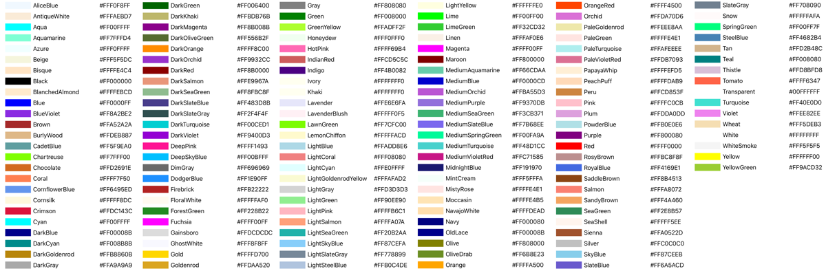 Farbtabelle, einschließlich Farbmuster, Farbname und Hexadezimalwert