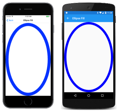Screenshots zeigen die Ellipse Fill-App, die auf zwei mobilen Geräten ausgeführt wird.