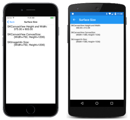 Screenshots zeigen die Surface Size-App, die auf zwei mobilen Geräten ausgeführt wird.