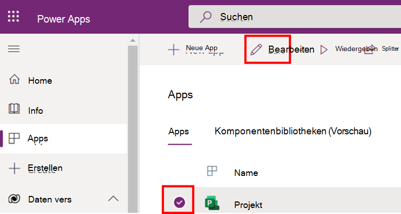 Wählen Sie die Projekt-App aus, um sie zu bearbeiten.