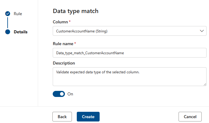 Screenshot of the menu to create a data type match rule.