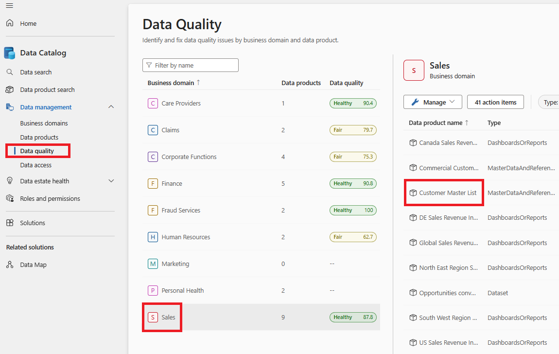 Screenshot of data quality page, with a business domain selected and a data product highlighted.